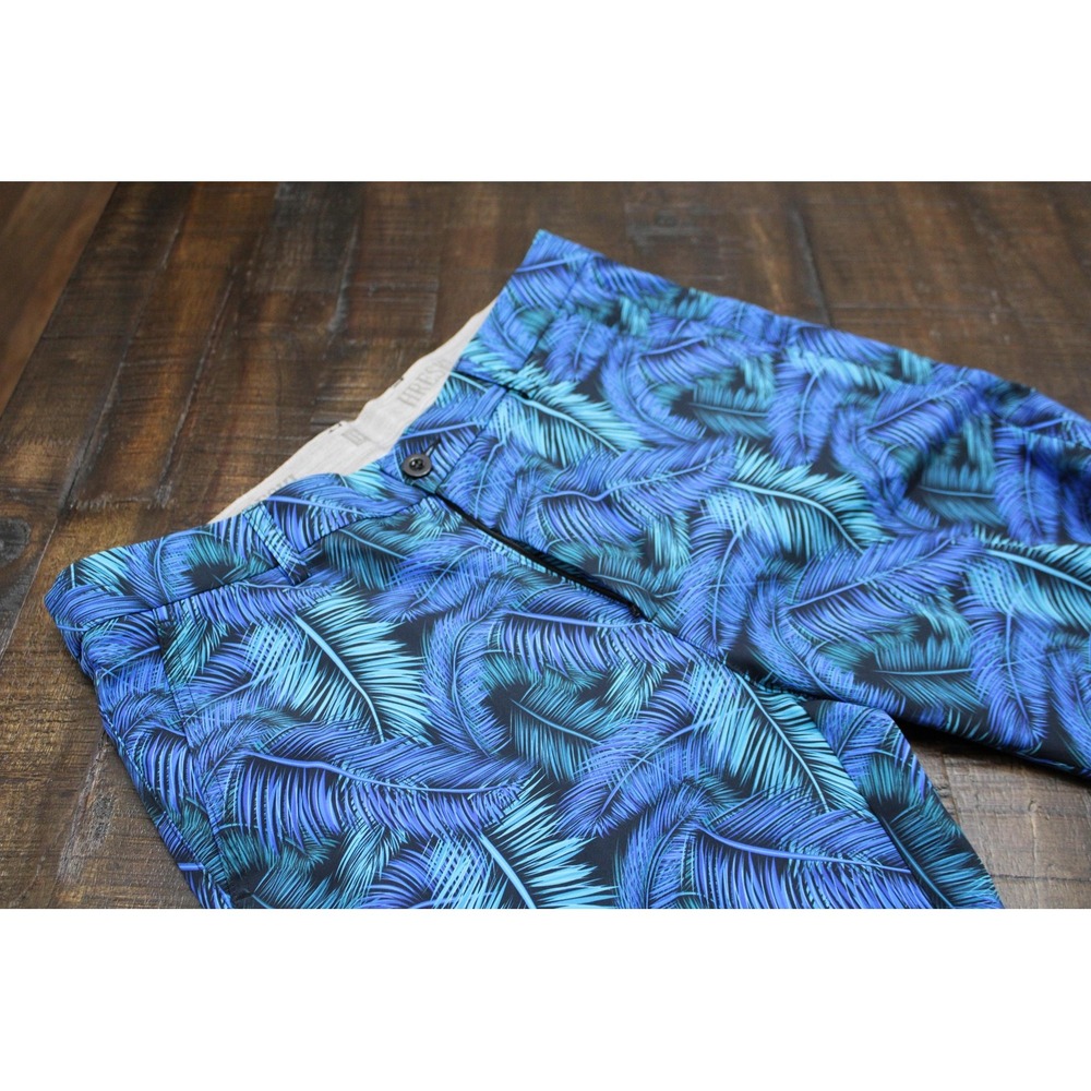 Hreski Pants Mens 34x30 Blue Palm Leaf Tropical Microfiber Chino Casual
